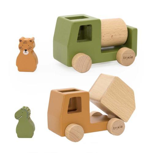 Set de Animais com Carros de Construção em Madeira